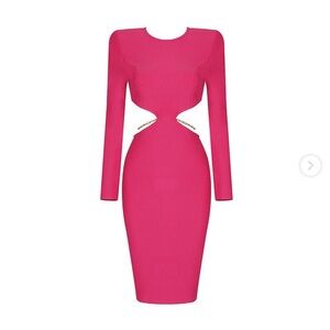 Fuchsia Long Sleeve Backless Bandage Dress with Chain